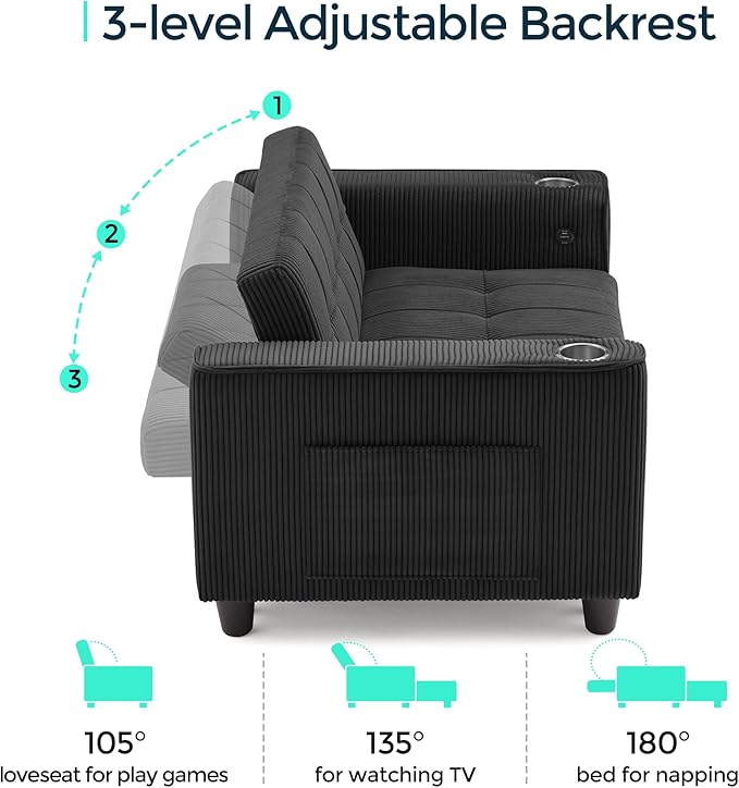 LINSY Sleeper Sofa Bed, 54" Pull Out Couch with Charging Station & Cup Holder, Small 3 in 1 Convertible Loveseat Sleeper Couch for Apartment, Dorm Room, Bedroom and Small Space, Corduroy Black