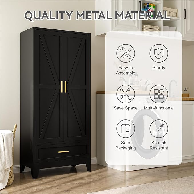 Metal Wardrobe Cabinet, 71" Tall Armoire Wardrobe Closet with Drawer,Hanging Rod and Adjustable Shelf, Farmhouse Clothing Storage Cabinet for Bedroom, Laundry