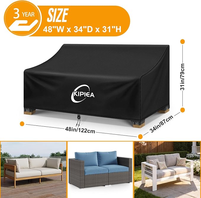 Kipiea Patio Sofa Cover, Heavy Duty Outdoor Couch Covers Waterproof Winter, 2-Seat Patio Furniture Cover Loveseat, Outdoor Sofa Covers with Anti UV and No Tears, No Fading (48"W x 34"D x 31"H) - Image 2