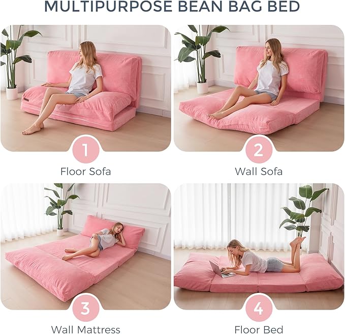 MAXYOYO Folding Sofa Bed, Extra Thick and Long Floor Sofa Convertible Sleeper Chair with Washable Cover, Floor Couch Lounge Bean Bag Bed for Living Room, Pink, 30x95 Inch