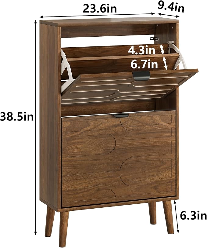 Shoe Cabinet Storage for Entryway with 2 Flip Drawers, Narrow Shoe Cabinet for Entryway, Hidden Slim Shoe Organizer Rack Cabinet (Brown, 23.6" W) - Image 2
