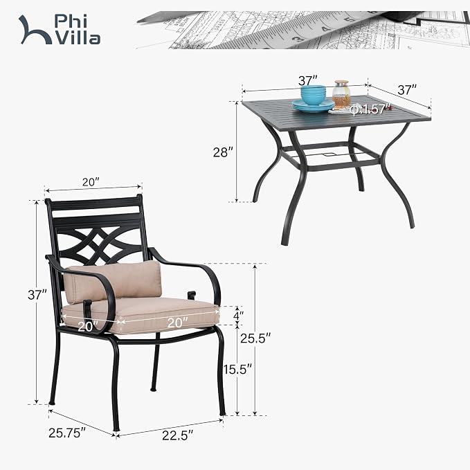 PHI VILLA 5 Pieces Outdoor Dining Set for 4, 37" Square Black Metal Table with Umbrella Hole & Wrought Iron Chairs, All Weather Large Outside Furniture with Cushions & Pillows for Patio, Deck, Porch - Image 2