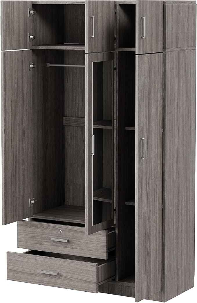 Merax 3 Doors Wardrobe with Mirror Door and Top Cabinet, Wooden Closet Wardrobe Organizers with Hanging Rail, 2 Drawers and 4-Tier Storage Shelves for Bedroom, Laundry Room, Gray
