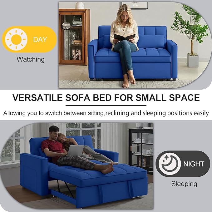 3 in 1 Pull Out Sofa Bed, 54" Sleeper Sofa Bed with 3-Level Adjustable Backrest, Velvet Fabric Loveseat Sleeper Couch for Living Room & Bedroom & Apartment & Dorm Furniture, Blue