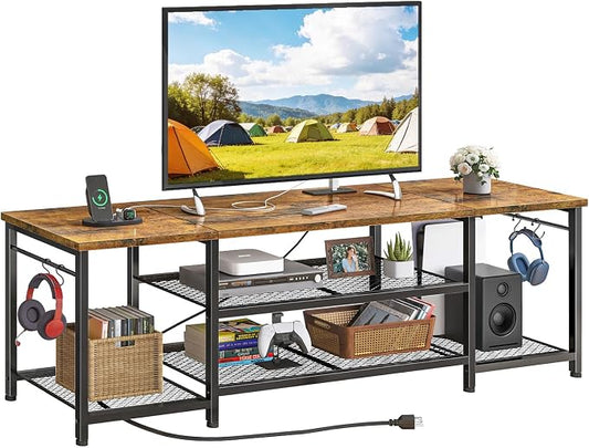 YGEOMER TV Stand for Up to 75 Inch TVs, Entertainment Center with Power Outlet and Open Storage Shelves, TV Media Console Table for Living Room and Bedroom, Rustic Brown by YGEOMER