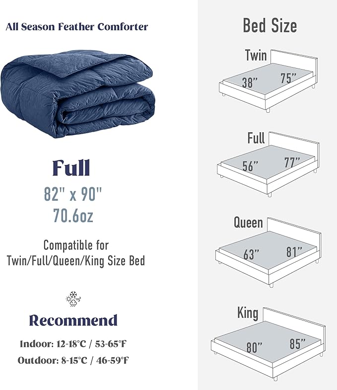 DAICO Goose Feather Down Comforter Full Size, All Season Luxury Hotel Fluffy Duvet Insert, Ultra Soft 100% Cotton Shell with 8 Corner Tabs, Paisley Design (82x90'', Navy Blue)