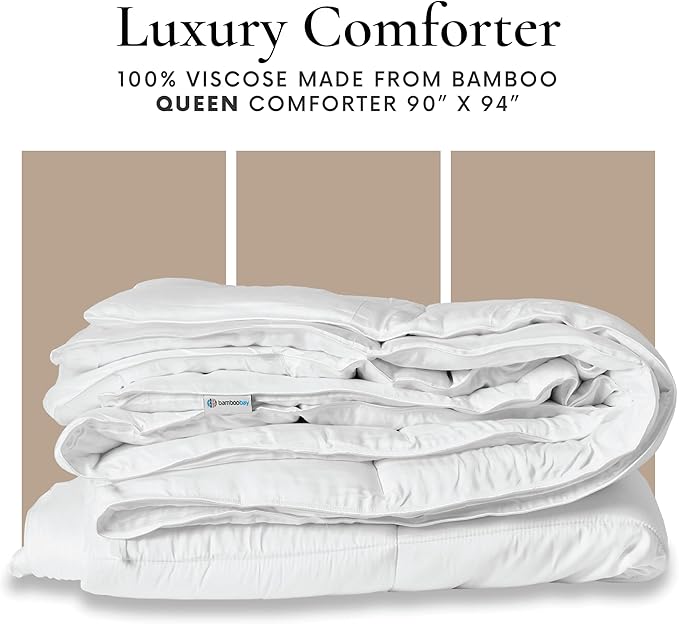 Bamboo Bay All Season Queen Size Comforter, 100% Viscose Made from Bamboo, Soft Quilted Down Alternative Duvet Insert with Corner Tabs, Breathable Cooling Bedding, 90 x 94 Inch