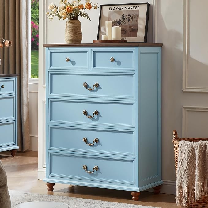Joaxswe Farmhouse 6 Drawer Dresser for Bedroom, 42" Tall Rustic Chests of Drawers w/ 4 Solid Wood Feet, Mid Century Modern Wooden Closet Storage Dressers Organizer for Living Room, Hallway,Light Blue by Joaxswe