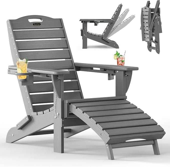 Folding Adirondack Chair with Retractable Ottoman, Weather Resistant Fire Pit Chair Patio Chair with 2 Cup Holder Lawn Outdoor Lounge Chair (Grey) by Suunyn