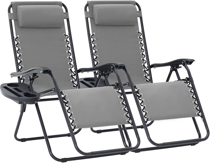 JEAREY Zero Gravity Lounge Chairs Set of 2, Adjustable Steel Mesh Recliners with Pillows and Cup Holder Trays for Patio, Garden, Beach, Light Grey by JEAREYOutdoorsCollection