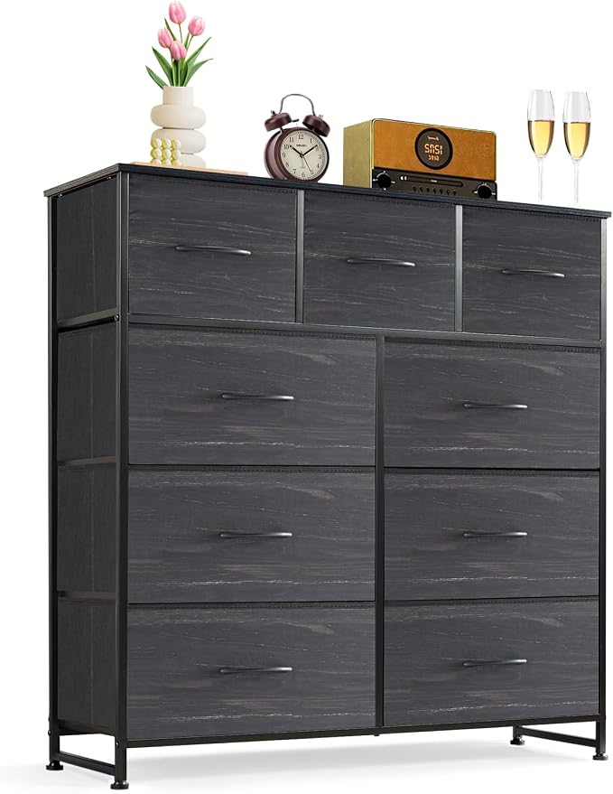 9-Drawer Dresser for Bedroom, Anti-Tip Tall Storage Organizer Chest of Drawers with Wooden Top and Metal Frame Fabric Bins for Closet, Living Room, Hallway, Entryway, Charcoal Black by SageNest