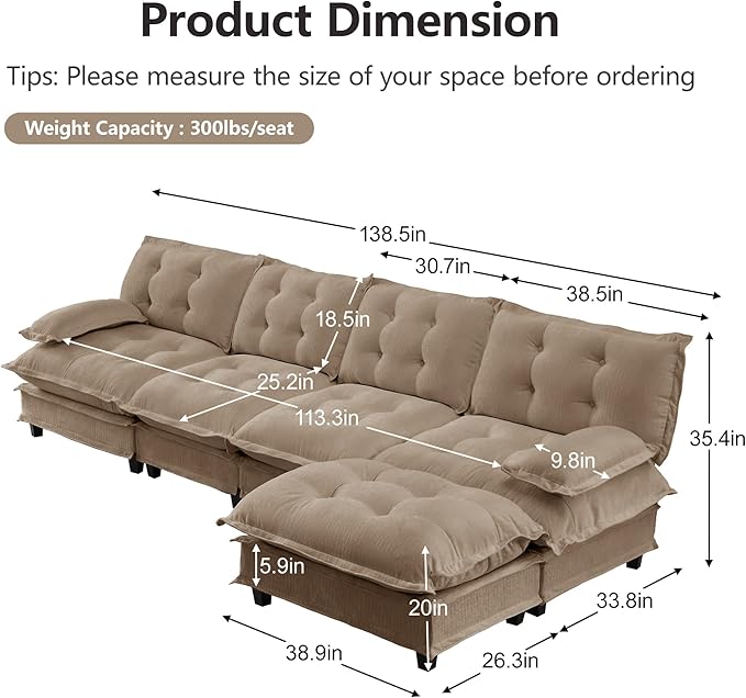 Oversized Modular Sectional Sofa with Reversible Ottoman, 138" Wide L-Shaped Chenille Cloud Couch for Living Room, Deep Seat Furniture Set with Detachable Pillow Armrest and Thickness Cushions | Free Combination, Tufted