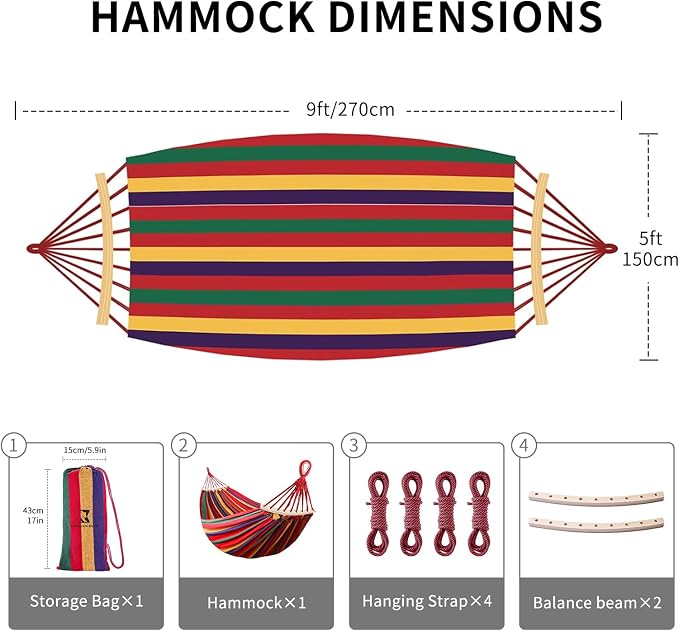 Hammock, Cotton Canvas Hammock Portable Camping Hammock with Carrying Bag Two Anti Roll Balance Beam Metal Carabiner Ropes and Tree StrapsSuit for Indoor,Yard,Camping,Outdoor-Rainbow - Image 5