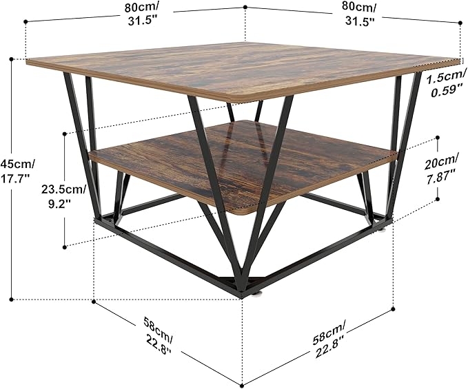 Elephance Square Coffee Table with 2-Tier Storage, 31.5 Inch Modern Tea Table for Living Room, Caramel Brown Wooden Tabletop-Almond with Black Frame