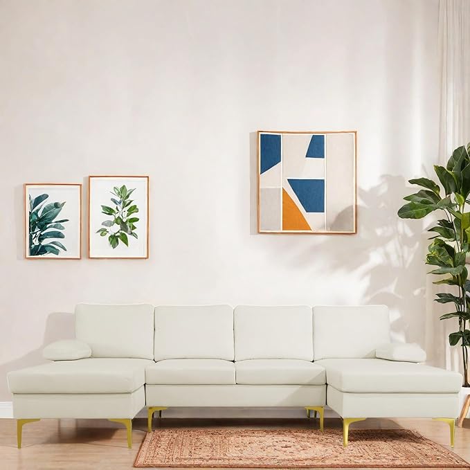 Sectional Couches for Living Room Furniture Sets, 4 Seat U Shaped Sectional Couch with Storage, Adjustable Couch with Armrests and Ottoman for Apartment, White