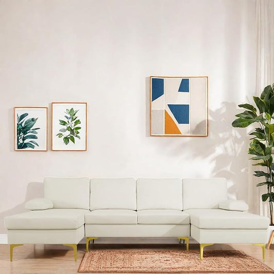 Sectional Couches for Living Room Furniture Sets, 4 Seat U Shaped Sectional Couch with Storage, Adjustable Couch with Armrests and Ottoman for Apartment, White