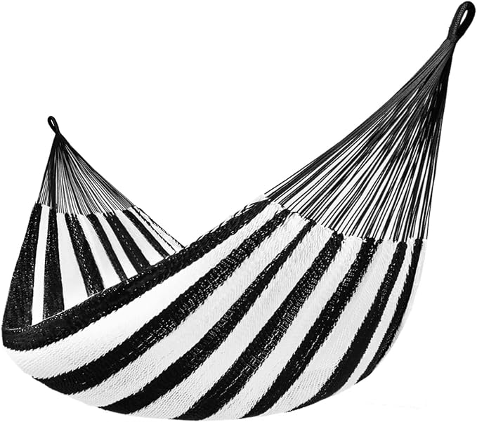 Lazy Daze Hammocks Handwoven Mayan Hammock, 10.5 FT Soft Rope Double Hammocks, Portable Outdoor Hammock with Carry Bag, 2 Straps & Carabiners for Patio Outside, 550 lbs Weight Capacity, Black/White by LazyDazeHammocks