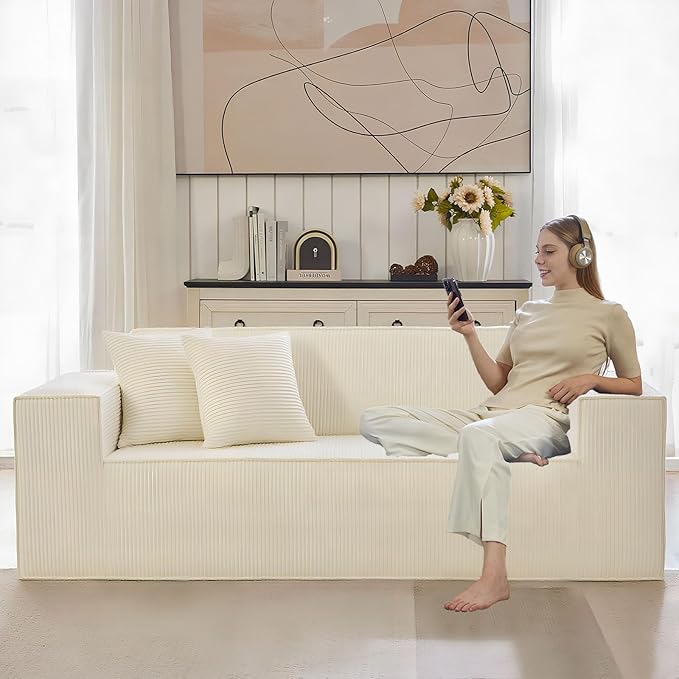 Corduroy Cloud Couch with Pillow, Premium Memory Foam, No Assembly Required, Deep Seat Sofa in Box, Space-Saving Chair for Home, Living Room, Bedroom, Apartment, Office, 3-Seater, Beige