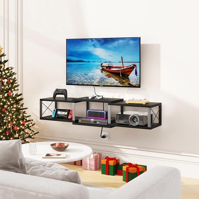 IBUYKE Floating TV Stand with Power Outlet,Wall-Mounted Floating Stand for TVs up to 55",Metal Wall Entertainment Center,Wall Mounted TV Shelf with Storage for Living Room Bedroom,Black UWST011B - Image 2
