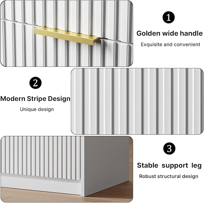 MAISONARIA Fluted Nightstands Set of 2 with 2 Drawers, 19.6" Modern Storage Bedside Table with Golden Metal Handles, Wooden End Table for Bedroom, White - Image 3
