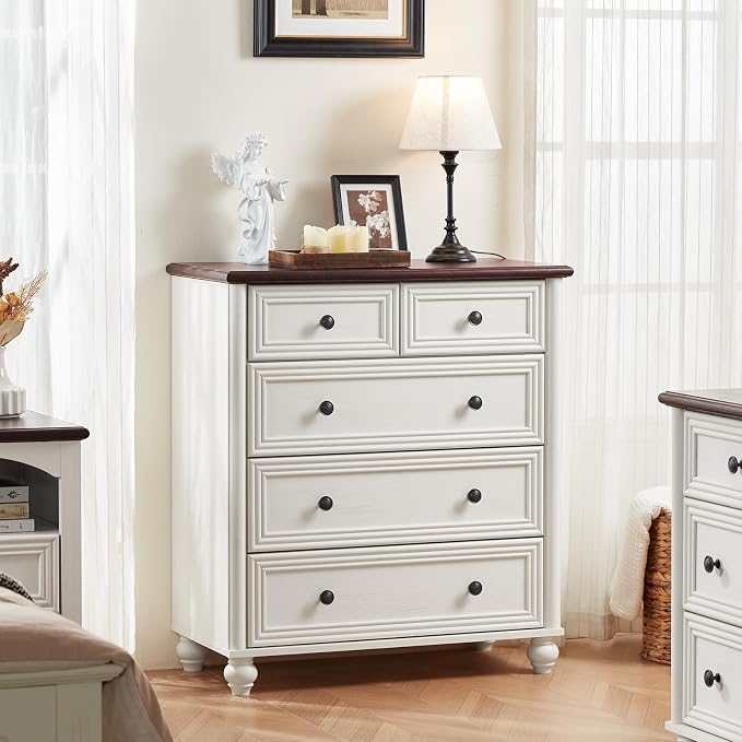 RWYHG Farmhouse 5 Drawer Dresser for Bedroom, 35.5" Tall Small Dressers & Chest of Drawers, Rustic Wood Dresser with Roman Column, Storage Organizer for Living Room, Hallway, Closet (White) - Image 5