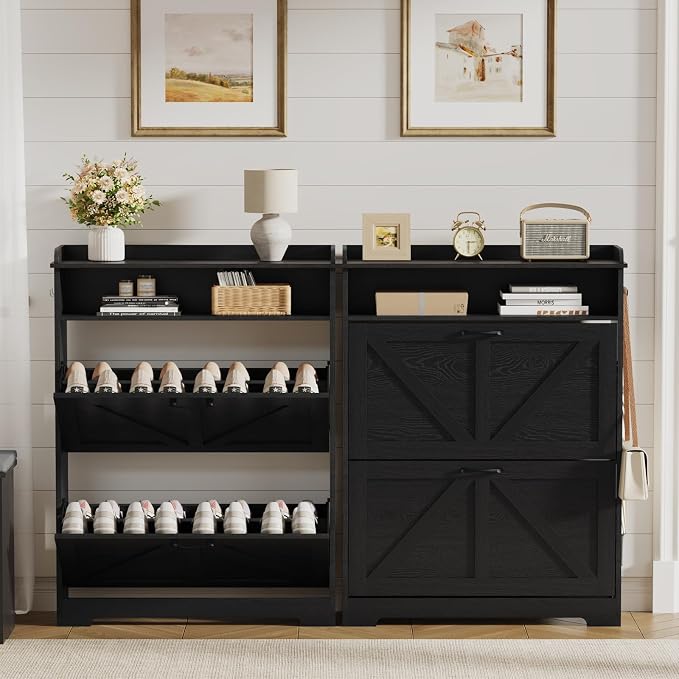 Shoe Cabinet Organizer with 2 Flip Drawers, Farmhouse Narrow Shoe Cabinet with 2 Adjustable Shelves & 2 Hooks, Shoe cabinet storage for entryway, Foyer, Hallway, Black, 31.5"W x 8.7"D x 41.7"H - Image 9