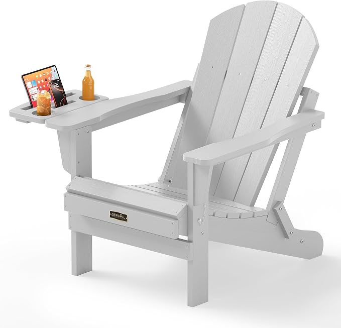 SERWALL Folding Adirondack Chair, Patio Adirondack Chairs with 4 in 1 Multi-Functional Cup Holder, Wooden Textured, All Weather Plastic Fire Pit Chair for Outdoor, Garden, Backyard, Deck- Spanish Gray by SERWALL