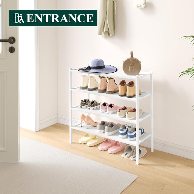 Smiry Bamboo Shoe Rack, 4 Tier Shoe Organizer for Entryway & Closet, Stackable Free Standing Storage Shelf for Shoes, Bags & Plants, White - Image 6