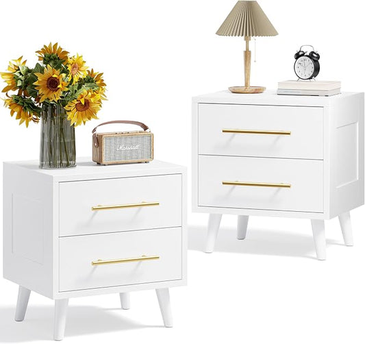 Aiho Nightstand Set of 2, Bedside Table Set for Bedroom, Wood White Nightstand with Metal Handles 2 Storage Drawers, White by AIHO