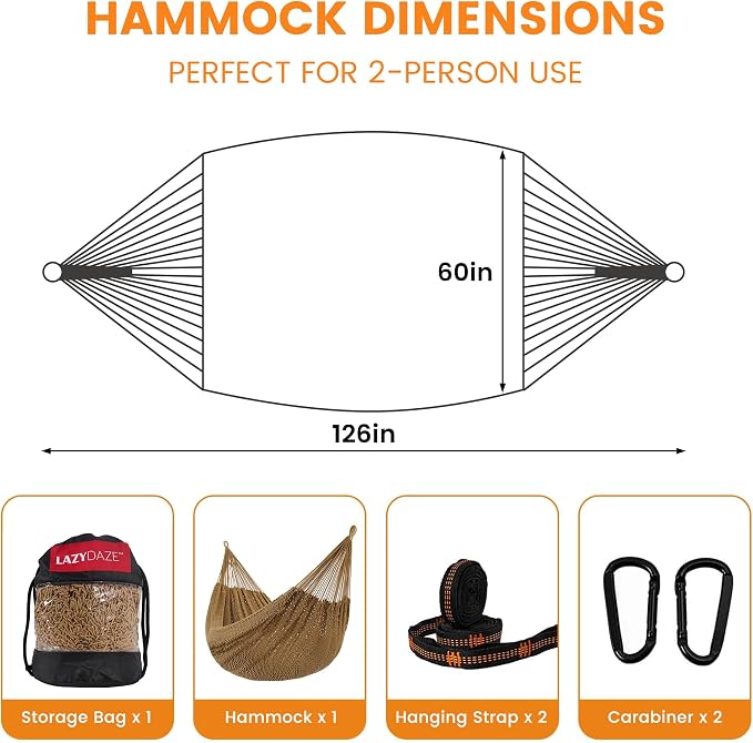 Lazy Daze Hammocks Handwoven Mayan Hammock, 10.5 FT Soft Rope Double Hammocks, Portable Outdoor Hammock with Carry Bag, 2 Straps & Carabiners for Patio Outside, 550 lbs Weight Capacity, Tan - Image 3