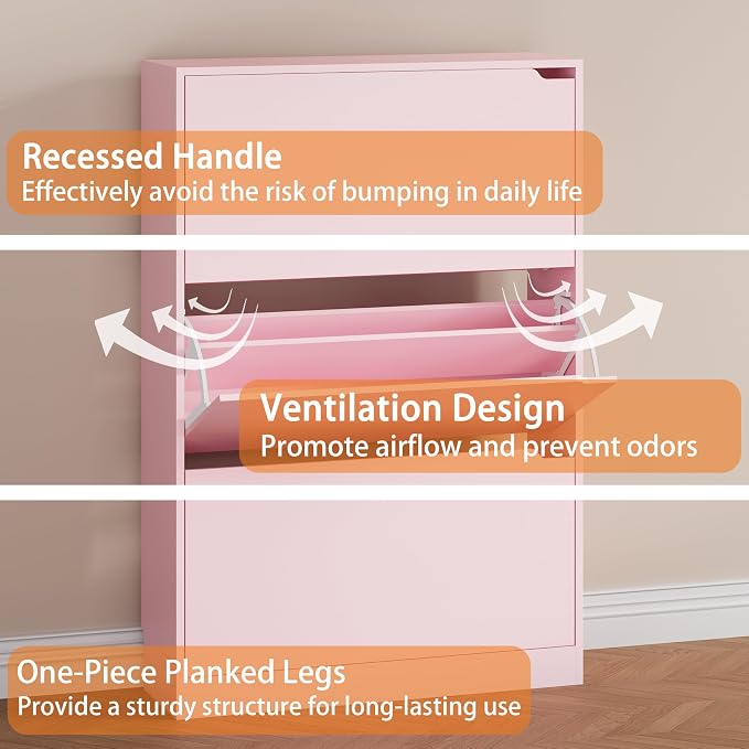 Shoe Storage Cabinet, Wood Shoe Organizer for Entryway with 3 Flip Drawers, Freestanding Shoe Rack with Adjustable Shelf, Narrow Shoe Dresser for Front Door Entrance(Pink, 47.2" x 31.5" x 9.25") - Image 6