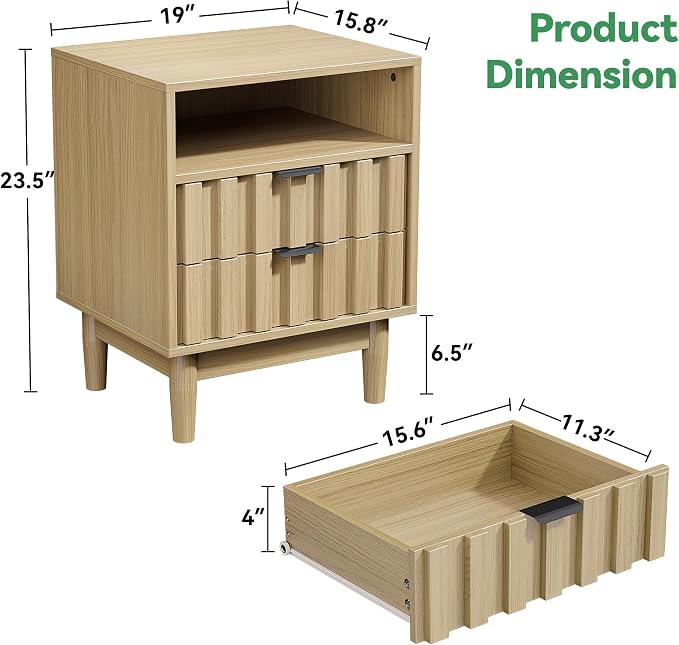 Fluted Nightstand with 2 Drawers, 19" Wide Night Stand with Solid Wood Legs, Open Storage Shelf, Mid Century Modern Wooden Bedside Table for Bedroom, Bed End Side Table, Oak - Image 2