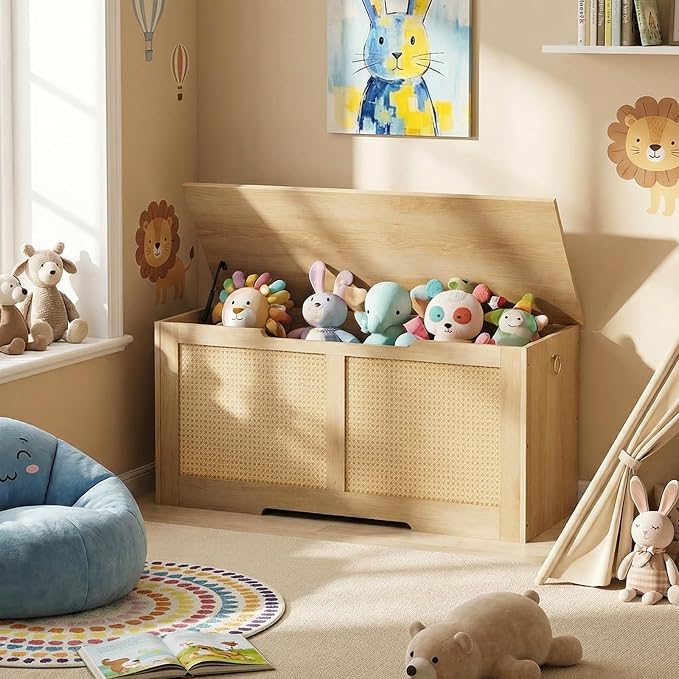 HOOBRO Storage Bench, 39.3" Toy Box, Rattan-Like Storage Chest, Sturdy Entryway Bench Supports 220 lb, Toy Chest, Safety Hinge, U-Shaped Opening, Easy Assembly, Natural NL11CW01 - Image 5