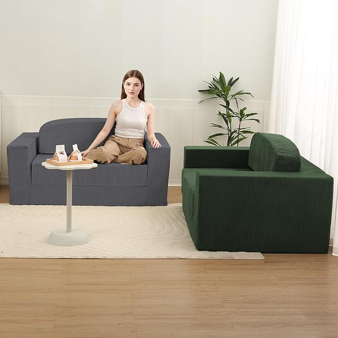 MeMoreCool Green Corduroy Fold-Out Loveseat Sofa Bed – Boneless Convertible Floor Couch with Foam, Compact Sleeper Futon with Washable Cover, No Assembly Required for Small Spaces & Bedroom