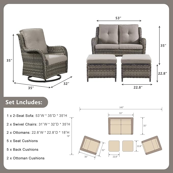 Rilyson Wicker Patio Furniture Set - 5 Piece Rattan Outdoor Sectional Conversation Sets with 2 Rocking Swivel Chairs,2 Ottomans and 1 Loveseat for Porch Deck Garden(Mixed Grey/Grey)