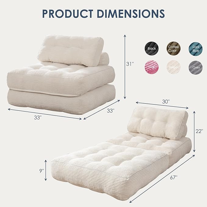 Folding Sofa Bed,Convertible Sleeper Chair for Adults, Folding Sofa Bed Foam Filling Couch with Pillow，Sleeper Chairs Single Size Floor Mattress,White