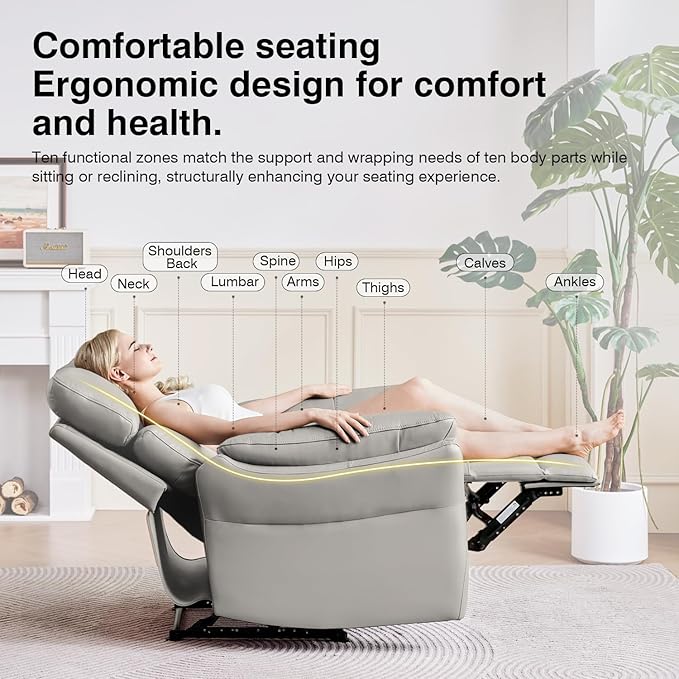 AIRSKY Genuine Leather Recliner Chair, Top Grain Leather, Italian Water-Washing Process, Living Room Chair with Lumbar Support,for Theater Seating, Bedroom, Grey,R1