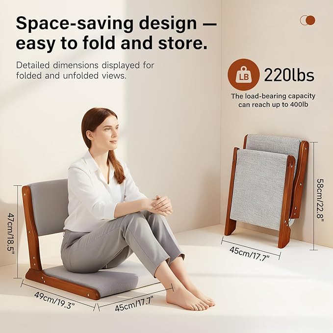Tiita Floor Chair with Back Support, Foldable Meditation Tatami Chairs, Backrest Chair with Cushion, Living Room Chair Seat 4 Pack, Walnut Grey
