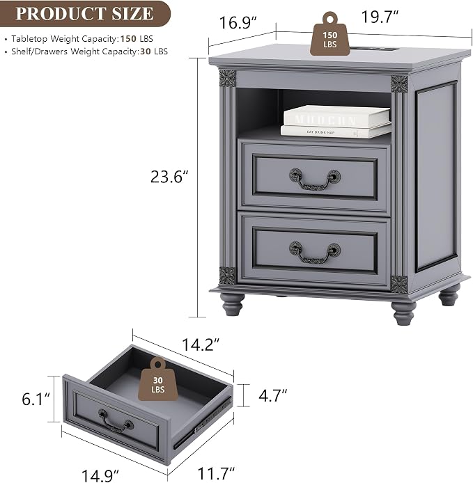 Night Stand with Charging Station, Nightstands with 3 Color LED Lights, Side Table with 2 Drawers Storage, Bedside End Table with Outlets and USB Ports for Bedroom, Grey - Image 2