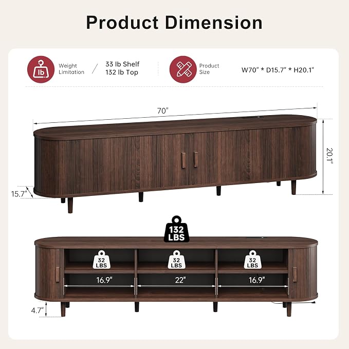 70" Mid Century Modern TV Stand, Wood TV Consoles with Sliding Doors and Power Outlet, Entertainment Center with Adjustable Shelves, Fluted TV Stands for Living Room, Walnut - Image 2
