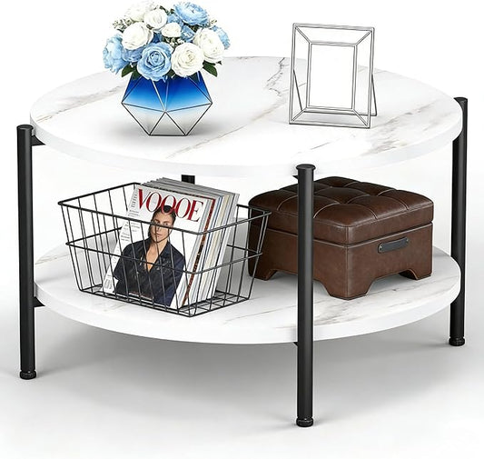Round Coffee Table, 27.6" Circle Coffee Table for Living Room, 2-Tier Wood Accent Center Table with Open Storage Industrial Design Home Furniture, White