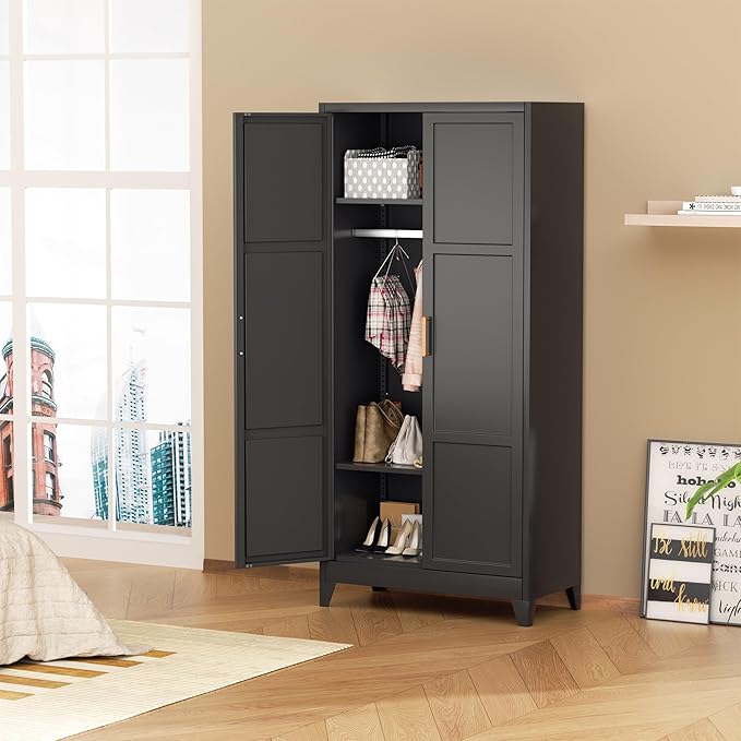 Superday Metal Wardrobe Closet, 72" H Bedroom Armoires with Wooden Handle, Metal Cabinet with Adjustable Shelves and Hanging Rods, Steel Storage Locker Closet for Home, Office, Employee, Gym (Black)