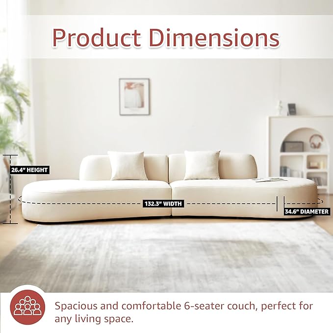132" Curved Sofa with Throw Pillows, 6 Seater Luxury Velvet Couch with Half Moon Design and High-Density Foam, Ideal for Modern Living Room, Office & Apartment, Ivory