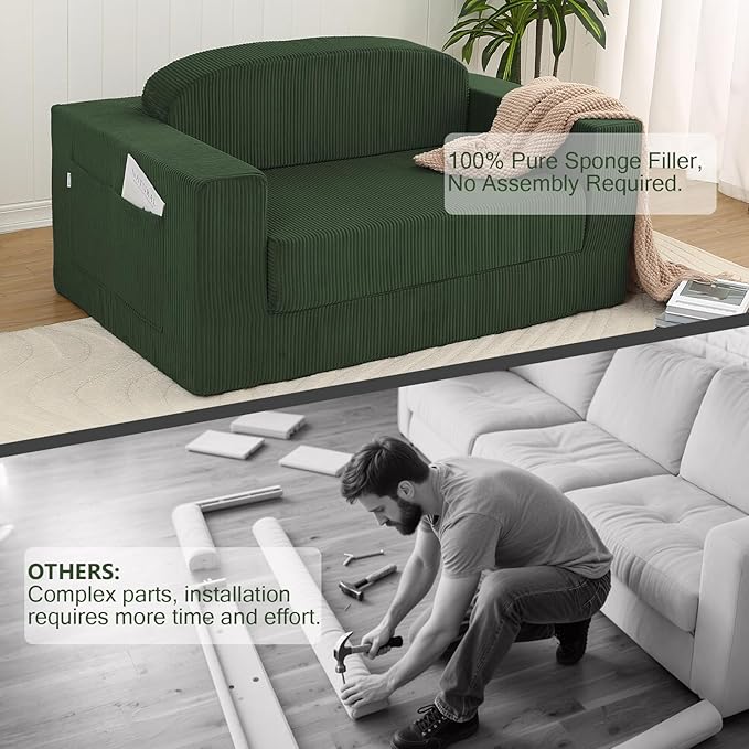 MeMoreCool Green Corduroy Fold-Out Loveseat Sofa Bed – Boneless Convertible Floor Couch with Foam, Compact Sleeper Futon with Washable Cover, No Assembly Required for Small Spaces & Bedroom