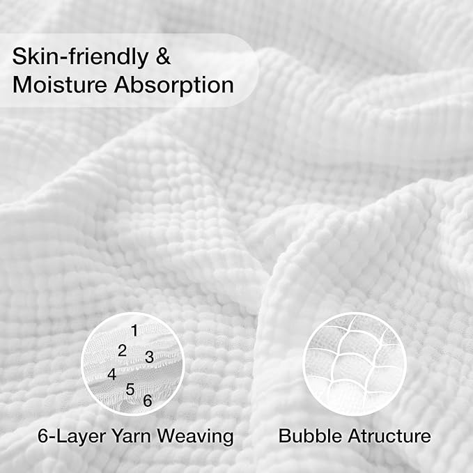100% Cotton Muslin Blanket California King 120" x 90", 6 Layers Breathable and Lightweight Oversized Blankets for Bed, Soft Cooling Gauze Blanket for Adults All Season, White