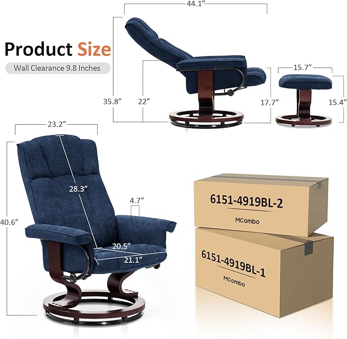 MCombo Manual Swivel Recliner with Ottoman, Chair Ottoman Set for RV Small Spaces, Living Room, Bedroom, Office 4919 (Chenille, Blue)