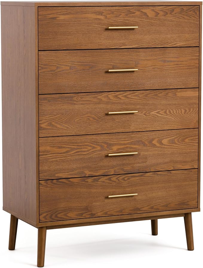 Furniture of America Wyatt Modern Solid Wood Bedroom Collection with Queen Bed Frame, Nightstands, Dresser with Mirror, Chest, No Box Spring Needed, Walnut, Standard Platform, 6-Piece Set
