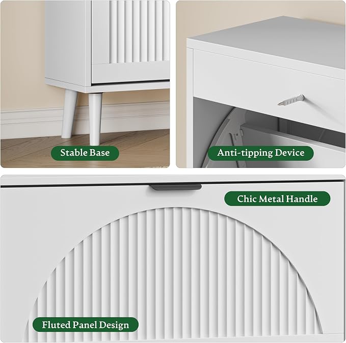 Xixini Shoe Storage Cabinet with 3 Flip Drawers, 50" Tall Narrow Wood Fluted Shoe Organizer for Entryway, Freestanding Wooden Hidden Slim Shoe Rack for Front Door Entrance, Hallway, Foyer, Solid White - Image 4