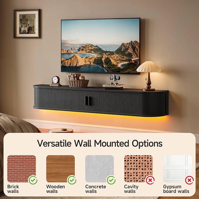 63" Floating TV Stand with Power Outlet for TVs up to 75", Fluted Entertainment Center with Remote Control for LED Lights, Mid-Century Modern TV Console w/Sliding Door for Living Room, Bedroom Black - Image 5