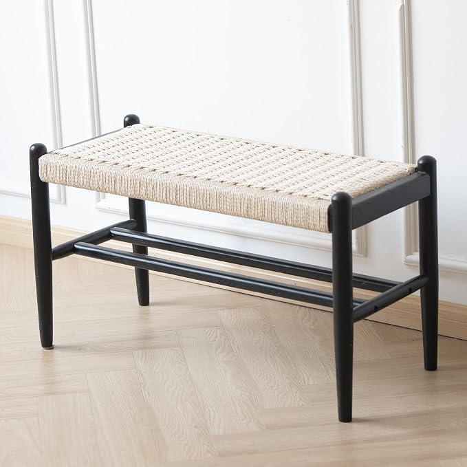 Solid Wood Entryway Bench with Shoe Storage, Rustic Oak Wood and Woven Design 31.5 Inch Long Seating for Living and Dining Rooms,Black - Image 6